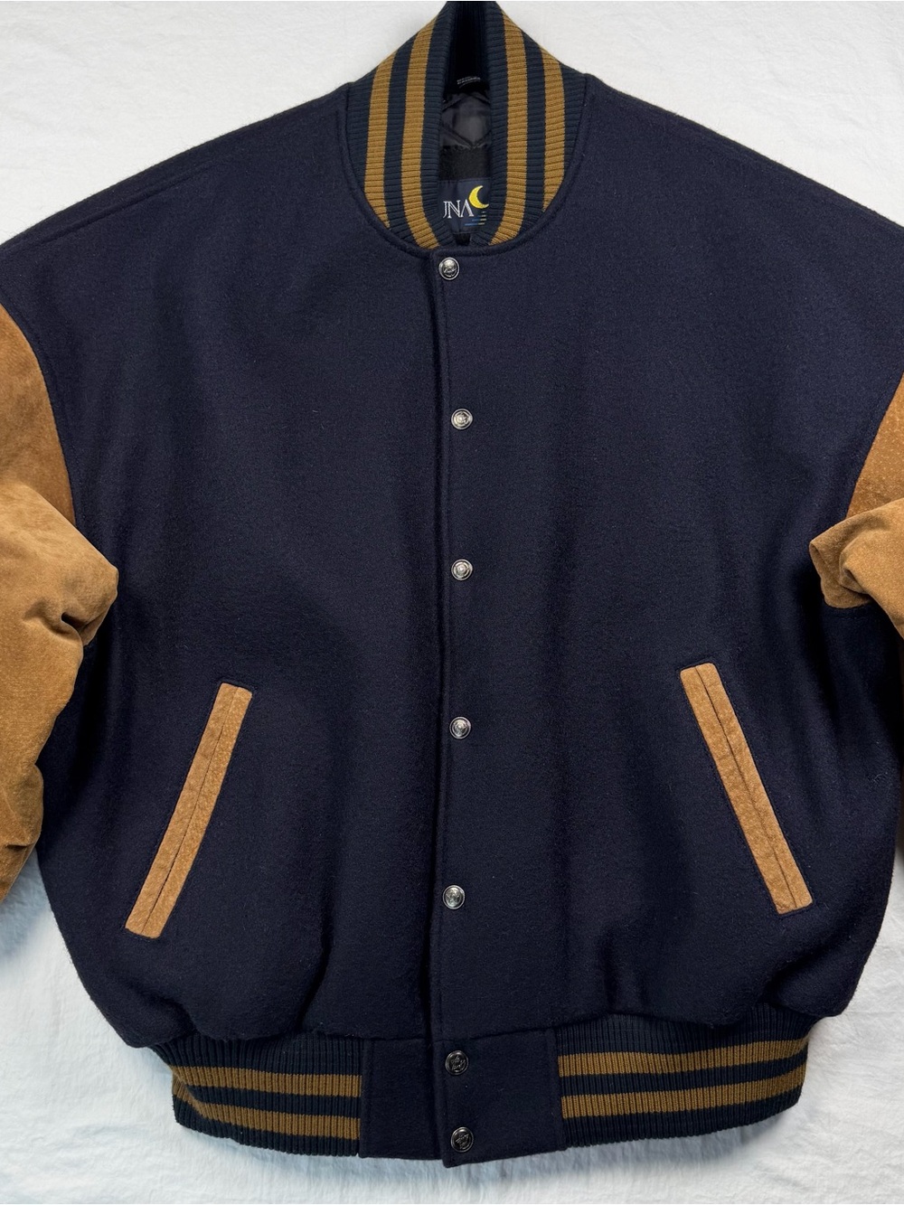 Vintage Luna Pier Varsity Jacket Mens L Navy Wool Tan Leather Sleeves